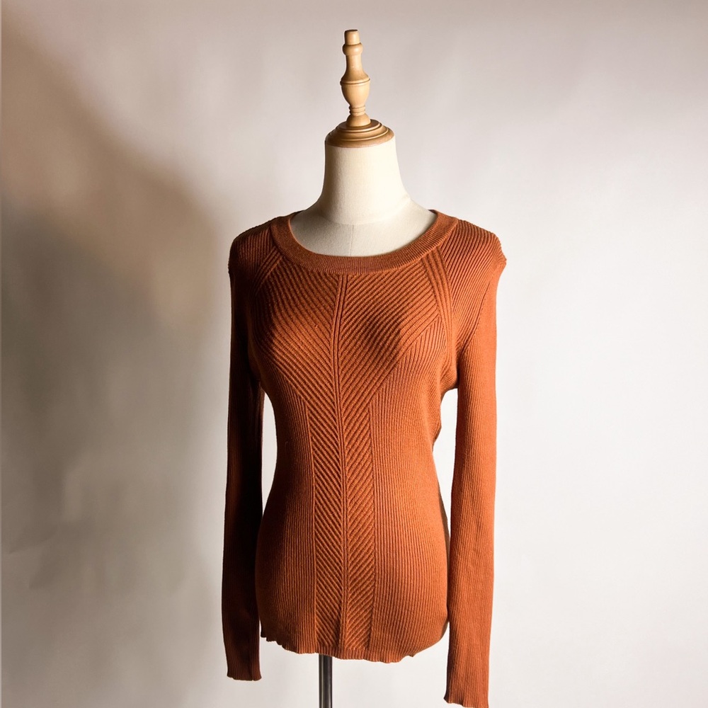 NINE WEST Diagonal Ribbed Knit Stretch Burnt Orange Sweater Womens Large